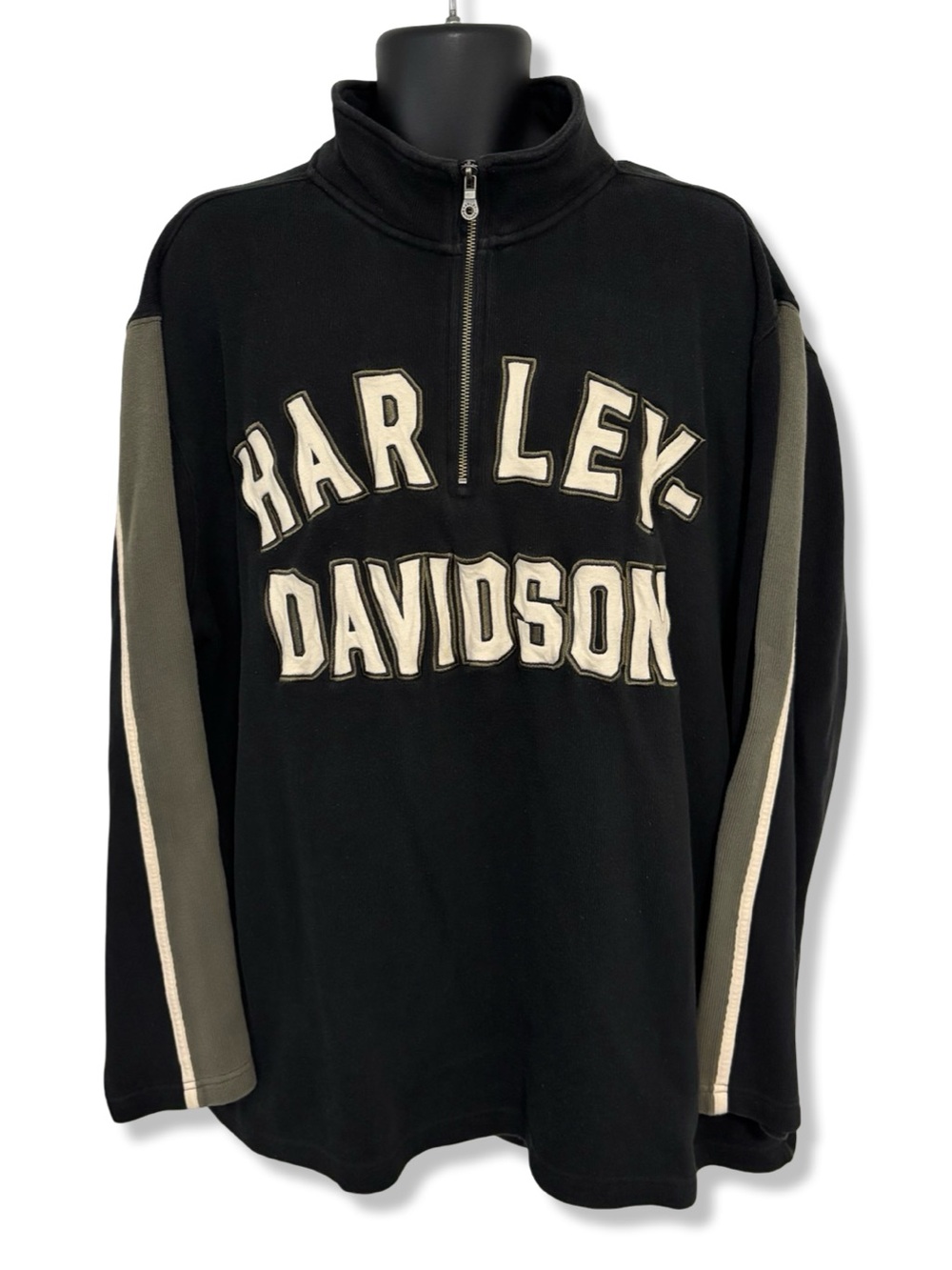 Vintage Harley-Davidson Zip-Up Pullover with Cream Lettering and Olive Stripes